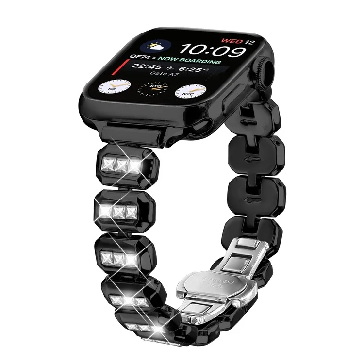 Metallarmband für Apple Watch Series 10 Ultra 9 8 7 SE 6 5 4 3 2 1 46mm 49mm 45mm 44mm 42mm mit Strasssteinen und Schmetterlingsverschluss - Schwarz