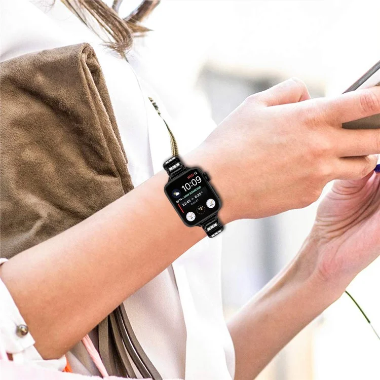 Metallarmband für Apple Watch Series 10 Ultra 9 8 7 SE 6 5 4 3 2 1 46mm 49mm 45mm 44mm 42mm mit Strasssteinen und Schmetterlingsverschluss - Schwarz