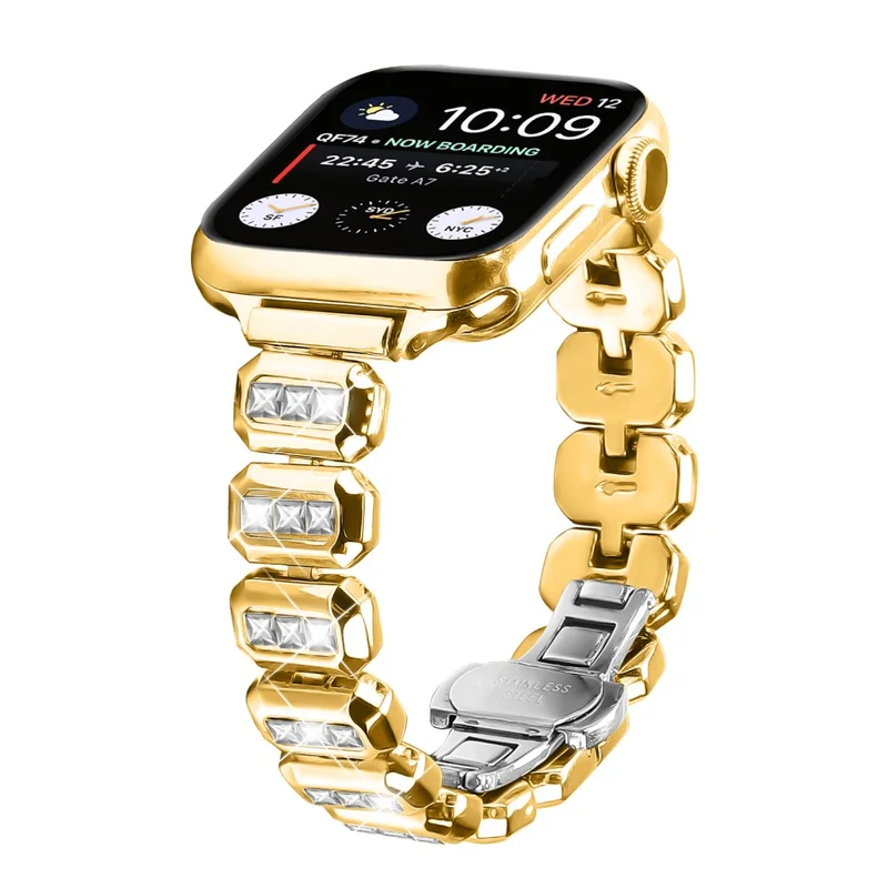 Металлический ремешок для Apple Watch Series 10 Ultra 9 8 7 SE 6 5 4 3 2 1 46мм 49мм 45мм 44мм 42мм с декором из страз и бабочкой-застежкой - Золотой
