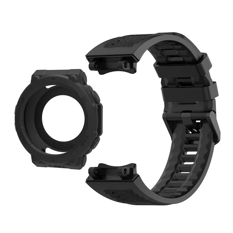 For Huami Amazfit T-Rex 2 Silicone Replacement Strap Watch Band with Protective Case - Black
