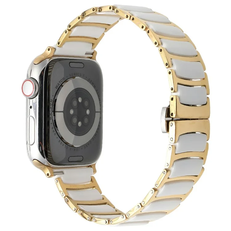 Watch Band For Apple Watch Series 10 9 8 7 SE 6 5 4 3 2 1 42mm 41mm 40mm 38mm Butterfly Buckle Ceramic + Stainless Steel Strap - White + Gold