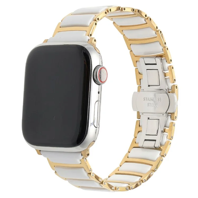 Watch Band For Apple Watch Series 10 9 8 7 SE 6 5 4 3 2 1 42mm 41mm 40mm 38mm Butterfly Buckle Ceramic + Stainless Steel Strap - White + Gold