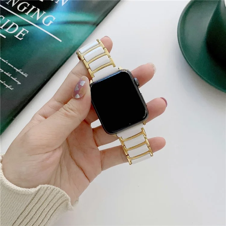 Watch Band For Apple Watch Series 10 9 8 7 SE 6 5 4 3 2 1 42mm 41mm 40mm 38mm Butterfly Buckle Ceramic + Stainless Steel Strap - White + Gold