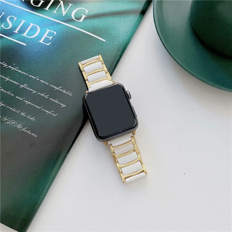 Watch Band For Apple Watch Series 10 Ultra 9 8 7 SE 6 5 4 3 2 1 46mm 49mm 45mm 44mm 42mm Butterfly Buckle Ceramic Strap - White + Gold