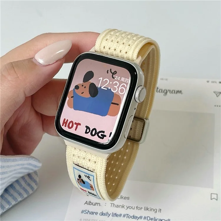 Watch Band For Apple Watch Series 10 9 8 7 SE 6 5 4 3 2 1 42mm 41mm 40mm 38mm Hot Dog Knitted Fabric Magnetic Strap - Starlight