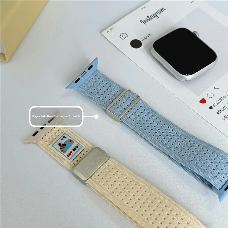 Watch Band For Apple Watch Series 10 9 8 7 SE 6 5 4 3 2 1 42mm 41mm 40mm 38mm Hot Dog Knitted Fabric Magnetic Strap - Starlight
