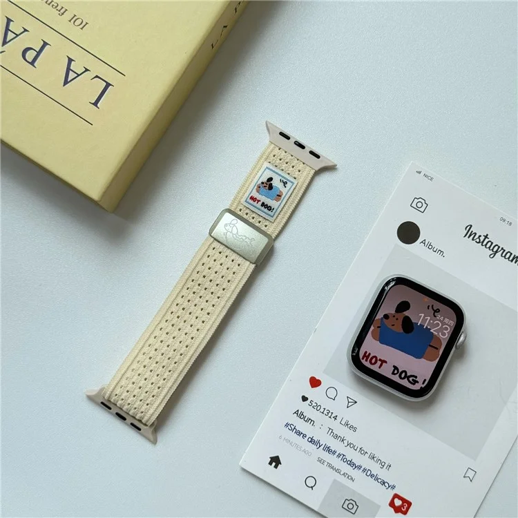 Watch Band For Apple Watch Series 10 9 8 7 SE 6 5 4 3 2 1 42mm 41mm 40mm 38mm Hot Dog Knitted Fabric Magnetic Strap - Starlight
