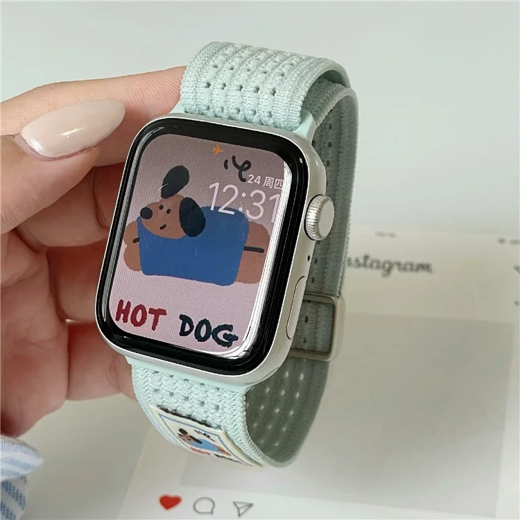 Watch Band For Apple Watch Series 10 9 8 7 SE 6 5 4 3 2 1 42mm 41mm 40mm 38mm Hot Dog Knitted Fabric Magnetic Strap - Mint Green