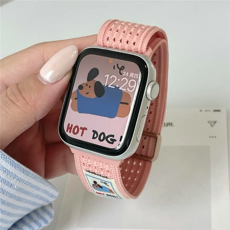 Watch Band For Apple Watch Series 10 Ultra 9 8 7 SE 6 5 4 3 2 1 46mm 49mm 45mm 44mm 42mm Hot Dog Knitted Fabric Magnetic Strap - Pink