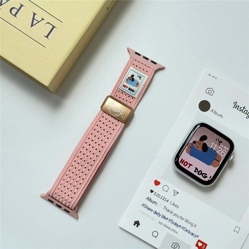 Watch Band For Apple Watch Series 10 Ultra 9 8 7 SE 6 5 4 3 2 1 46mm 49mm 45mm 44mm 42mm Hot Dog Knitted Fabric Magnetic Strap - Pink