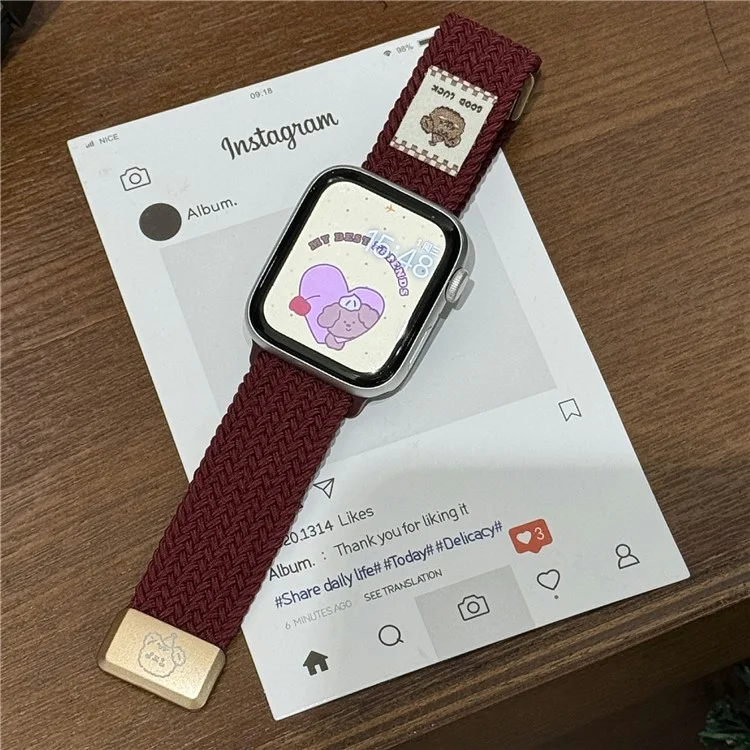 Watch Band For Apple Watch Series 10 9 8 7 SE 6 5 4 3 2 1 42mm 41mm 40mm 38mm Top Hat Bear Braided Nylon Magnetic Strap - Wine Red