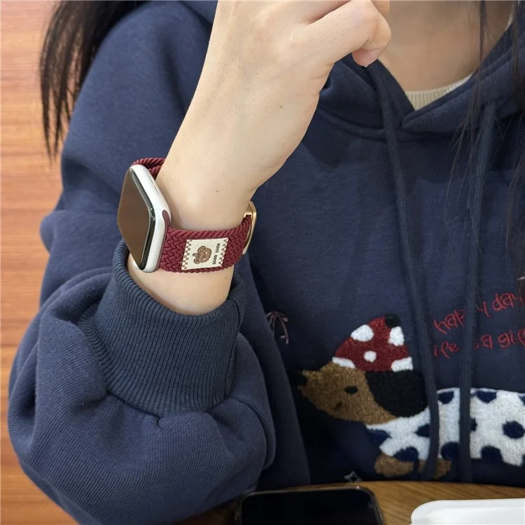 Watch Band For Apple Watch Series 10 9 8 7 SE 6 5 4 3 2 1 42mm 41mm 40mm 38mm Top Hat Bear Braided Nylon Magnetic Strap - Wine Red