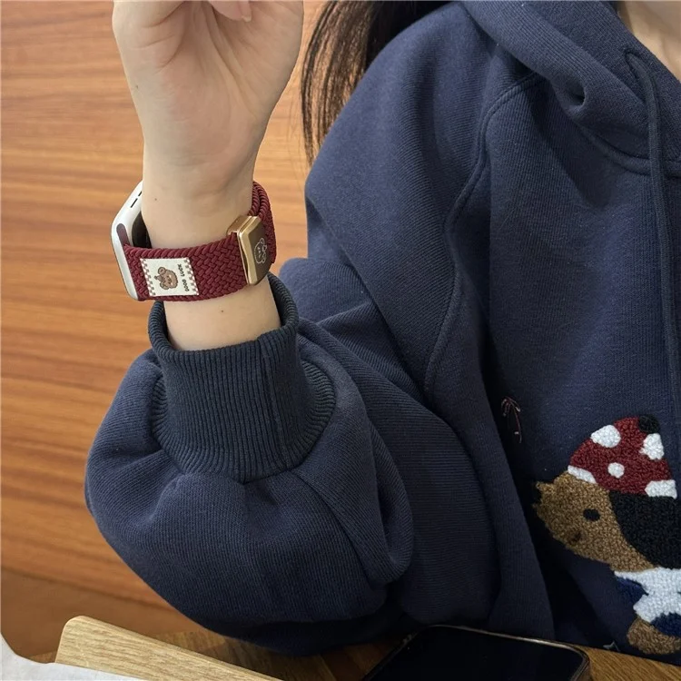 Watch Band For Apple Watch Series 10 9 8 7 SE 6 5 4 3 2 1 42mm 41mm 40mm 38mm Top Hat Bear Braided Nylon Magnetic Strap - Wine Red