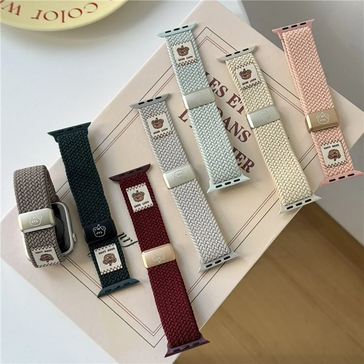 Watch Band For Apple Watch Series 10 9 8 7 SE 6 5 4 3 2 1 42mm 41mm 40mm 38mm Top Hat Bear Braided Nylon Magnetic Strap - Wine Red