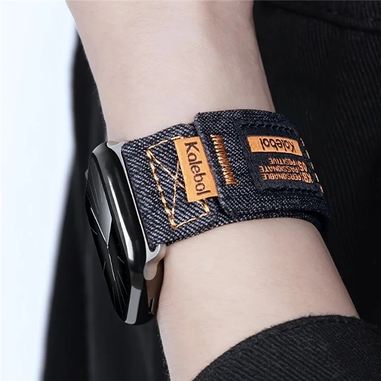 Pulseira KALEBOL para Apple Watch Series 10 Ultra 9 8 7 SE 6 5 4 3 2 1 46mm 49mm 45mm 44mm 42mm Alça de Pulso de Nylon com Loop de Jeans - Preto