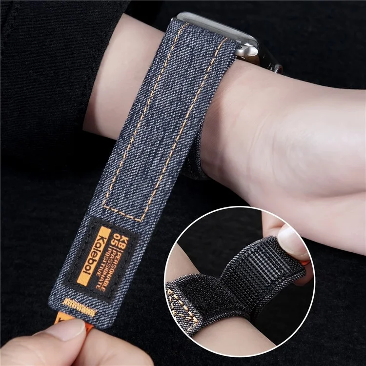 Pulseira KALEBOL para Apple Watch Series 10 Ultra 9 8 7 SE 6 5 4 3 2 1 46mm 49mm 45mm 44mm 42mm Alça de Pulso de Nylon com Loop de Jeans - Preto