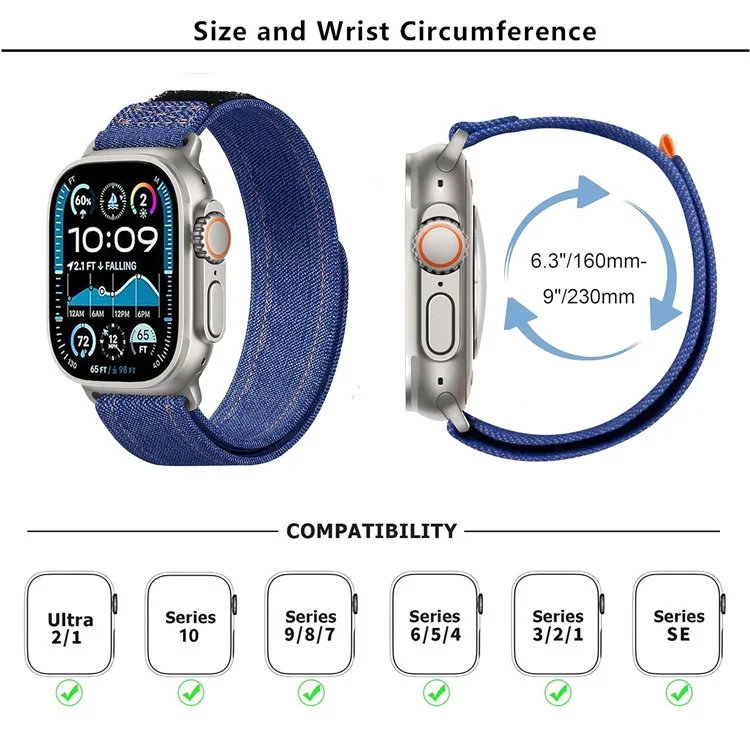 Pulseira KALEBOL para Apple Watch Series 10 Ultra 9 8 7 SE 6 5 4 3 2 1 46mm 49mm 45mm 44mm 42mm Alça de Pulso de Nylon com Loop de Jeans - Preto