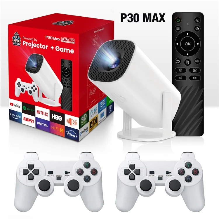 P30MAX Portable Gaming Projector with 2 Controller 720P HD Android 11 36000+ Games Screen Projection Device - EU Plug