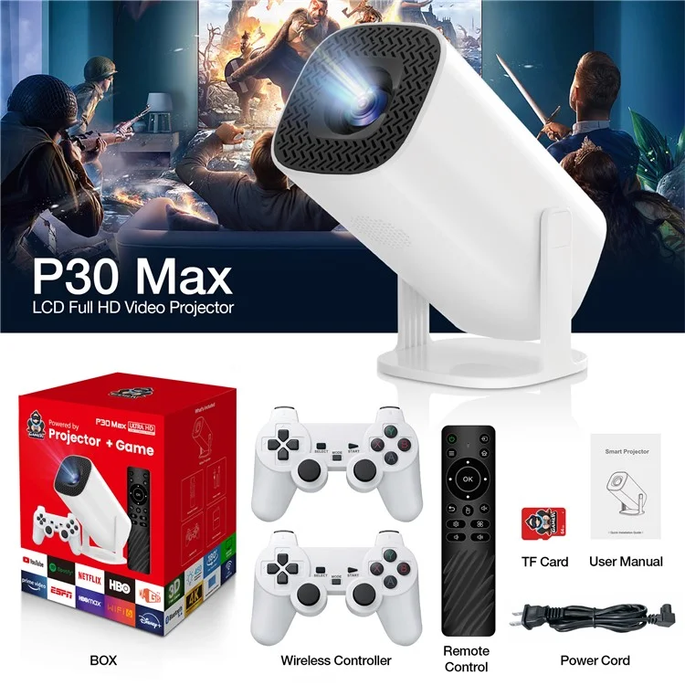 P30MAX Portable Gaming Projector with 2 Controller 720P HD Android 11 36000+ Games Screen Projection Device - EU Plug
