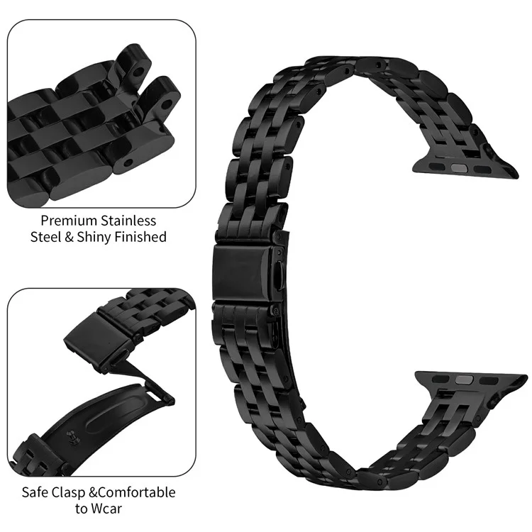 Stainless Steel Watch Band For Apple Watch Series 10 9 8 7 SE 6 5 4 3 2 1 42mm 41mm 40mm 38mm Slingshot Clasp Wrist Strap - Black