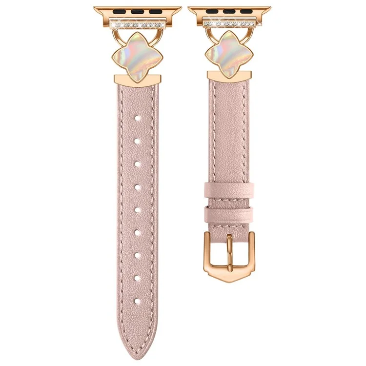 Watch Band For Apple Watch Series 10 8 9 8 7 SE 6 5 4 3 2 1 42mm 41mm 40mm 38mm Four-Pointed Star Adjustable Genuine Cow Leather Strap - Pink