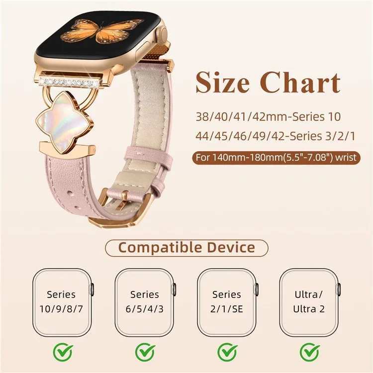 Watch Band For Apple Watch Series 10 8 9 8 7 SE 6 5 4 3 2 1 42mm 41mm 40mm 38mm Four-Pointed Star Adjustable Genuine Cow Leather Strap - Pink