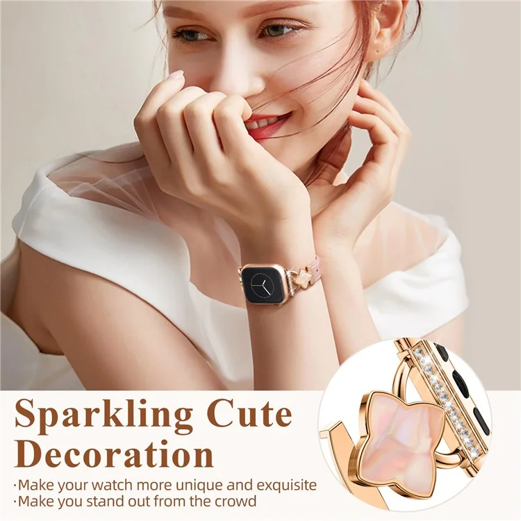 Watch Band For Apple Watch Series 10 8 9 8 7 SE 6 5 4 3 2 1 42mm 41mm 40mm 38mm Four-Pointed Star Adjustable Genuine Cow Leather Strap - Pink