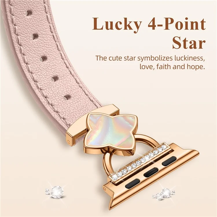 Watch Band For Apple Watch Series 10 8 9 8 7 SE 6 5 4 3 2 1 42mm 41mm 40mm 38mm Four-Pointed Star Adjustable Genuine Cow Leather Strap - Pink