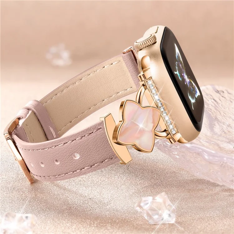 Watch Band For Apple Watch Series 10 8 9 8 7 SE 6 5 4 3 2 1 42mm 41mm 40mm 38mm Four-Pointed Star Adjustable Genuine Cow Leather Strap - Pink