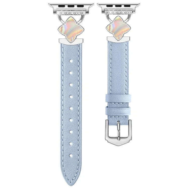 Watch Band For Apple Watch Series 10 Ultra 8 9 8 7 SE 6 5 4 3 2 1 46mm 49mm 45mm 44mm 42mm Four-Pointed Star Genuine Cow Leather Strap - Blue