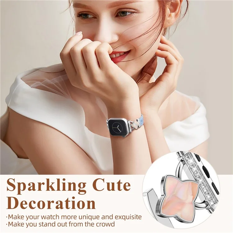 Watch Band For Apple Watch Series 10 Ultra 8 9 8 7 SE 6 5 4 3 2 1 46mm 49mm 45mm 44mm 42mm Four-Pointed Star Genuine Cow Leather Strap - Blue