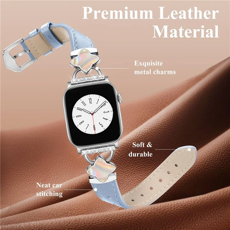 Watch Band For Apple Watch Series 10 Ultra 8 9 8 7 SE 6 5 4 3 2 1 46mm 49mm 45mm 44mm 42mm Four-Pointed Star Genuine Cow Leather Strap - Blue