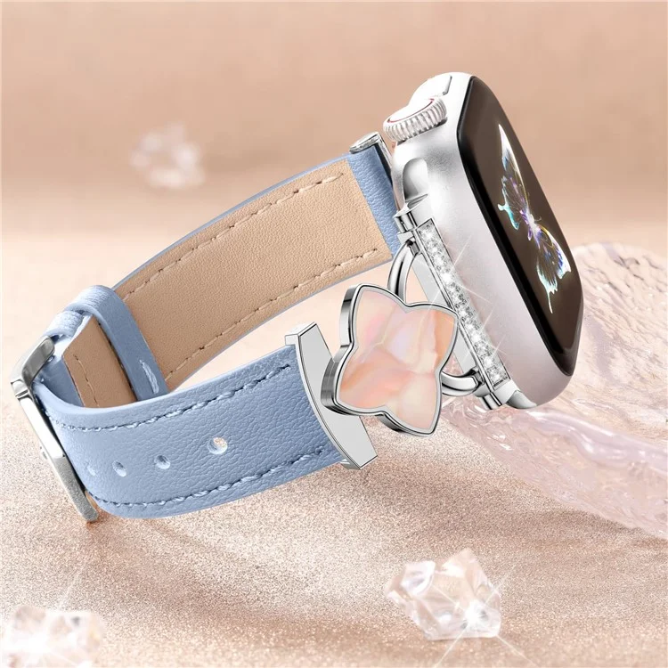 Watch Band For Apple Watch Series 10 Ultra 8 9 8 7 SE 6 5 4 3 2 1 46mm 49mm 45mm 44mm 42mm Four-Pointed Star Genuine Cow Leather Strap - Blue