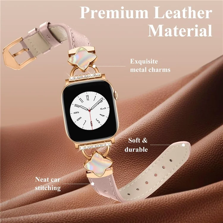 Watch Band For Apple Watch Series 10 Ultra 8 9 8 7 SE 6 5 4 3 2 1 46mm 49mm 45mm 44mm Four-Pointed Star Adjustable Genuine Cow Leather Strap - Pink