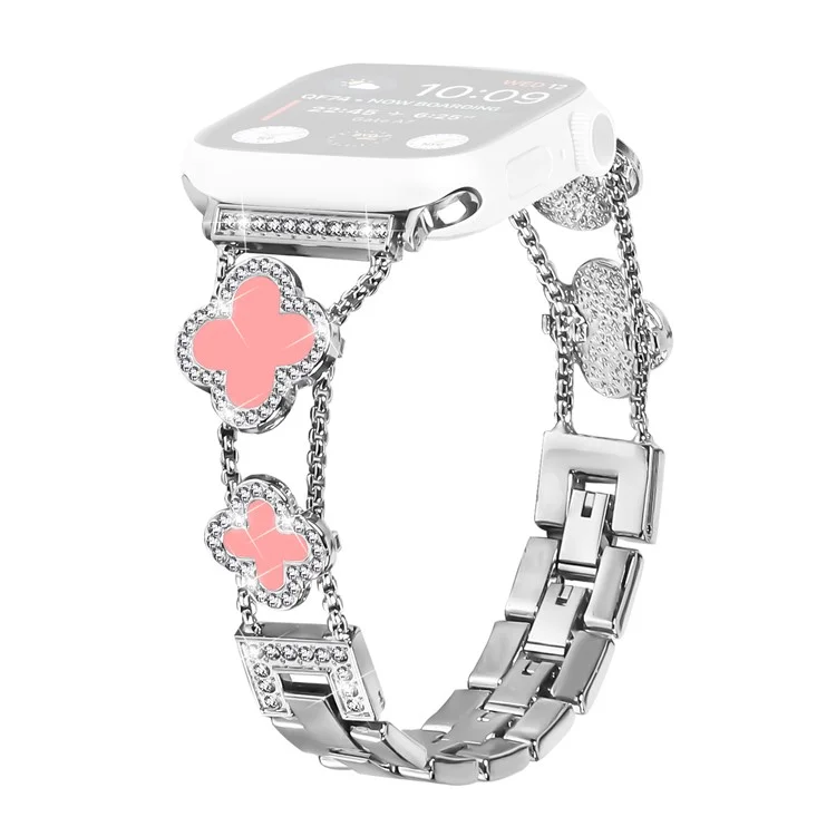 Zinc Alloy Watch Band For Apple Watch Series 10 Ultra 9 8 7 SE 6 5 4 3 2 1 46mm 49mm 45mm 44mm 40mm Clover Chain Strap - Silver / Pink