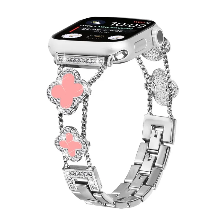 Zinc Alloy Watch Band For Apple Watch Series 10 Ultra 9 8 7 SE 6 5 4 3 2 1 46mm 49mm 45mm 44mm 40mm Clover Chain Strap - Silver / Pink