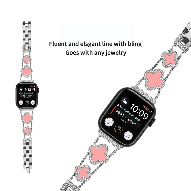 Zinc Alloy Watch Band For Apple Watch Series 10 Ultra 9 8 7 SE 6 5 4 3 2 1 46mm 49mm 45mm 44mm 40mm Clover Chain Strap - Silver / Pink