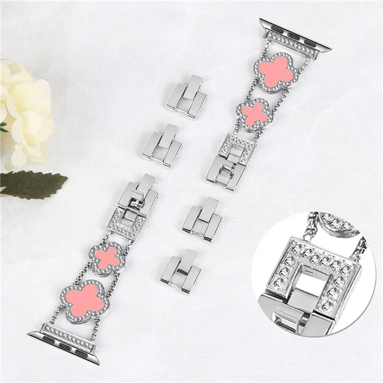 Zinc Alloy Watch Band For Apple Watch Series 10 Ultra 9 8 7 SE 6 5 4 3 2 1 46mm 49mm 45mm 44mm 40mm Clover Chain Strap - Silver / Pink