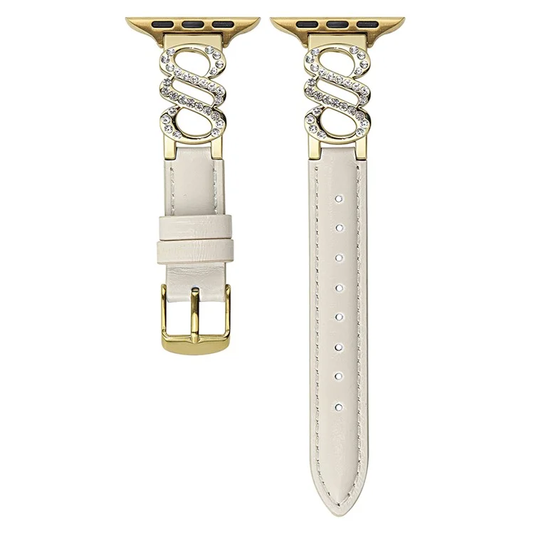 Correa para Apple Watch Series 10 9 8 7 SE 6 5 4 3 2 1 42mm 41mm 40mm 38mm Banda de Cuero Metálica en Forma de S con Decoración de Strass - Blanco / Hebilla Dorada