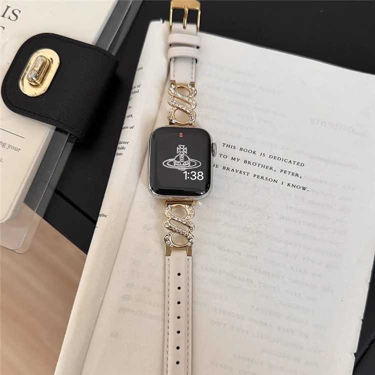 Correa para Apple Watch Series 10 9 8 7 SE 6 5 4 3 2 1 42mm 41mm 40mm 38mm Banda de Cuero Metálica en Forma de S con Decoración de Strass - Blanco / Hebilla Dorada