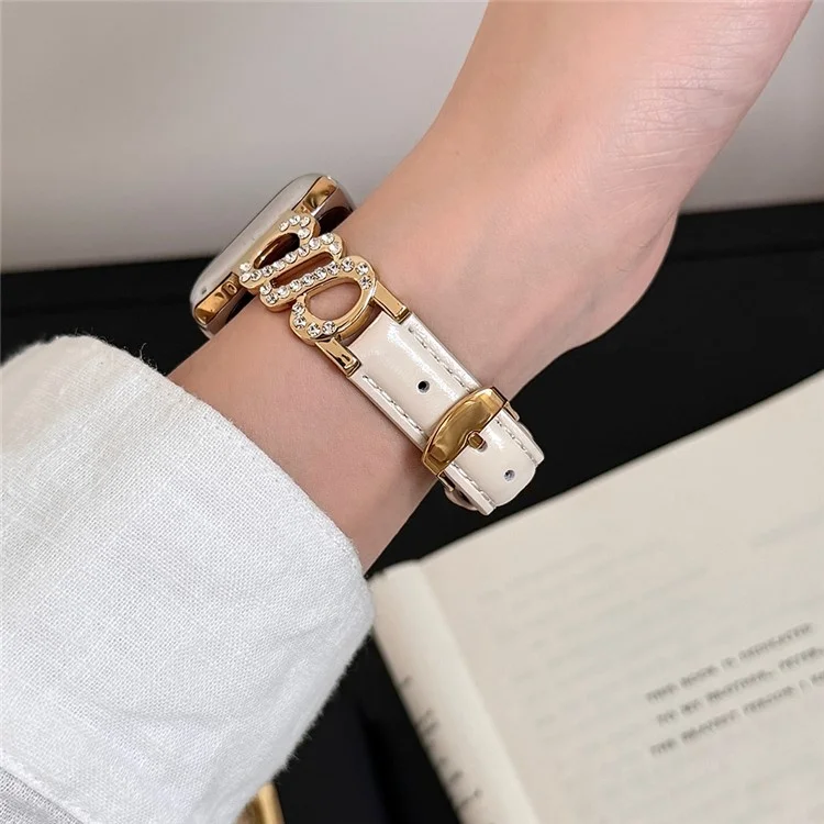 Correa para Apple Watch Series 10 9 8 7 SE 6 5 4 3 2 1 42mm 41mm 40mm 38mm Banda de Cuero Metálica en Forma de S con Decoración de Strass - Blanco / Hebilla Dorada