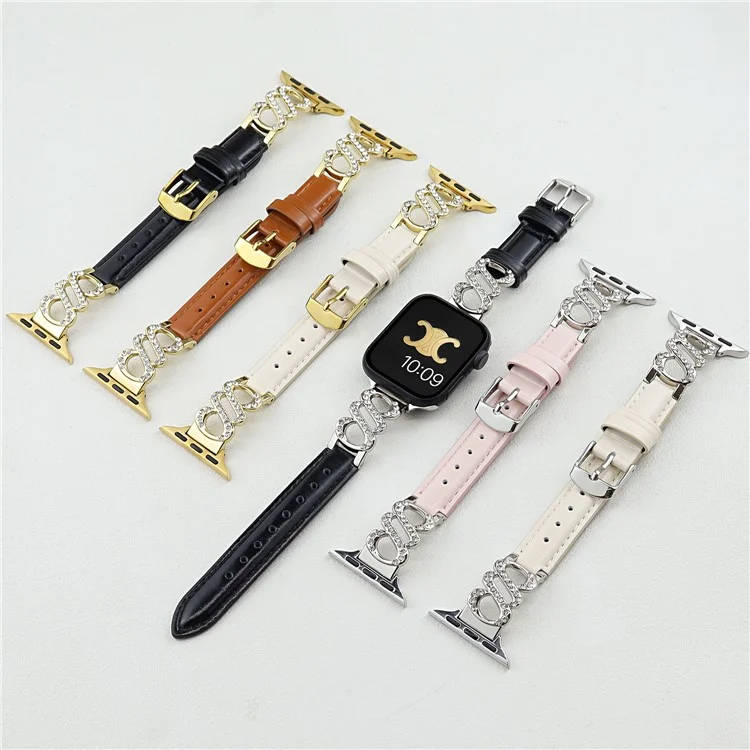 Correa para Apple Watch Series 10 9 8 7 SE 6 5 4 3 2 1 42mm 41mm 40mm 38mm Banda de Cuero Metálica en Forma de S con Decoración de Strass - Blanco / Hebilla Dorada