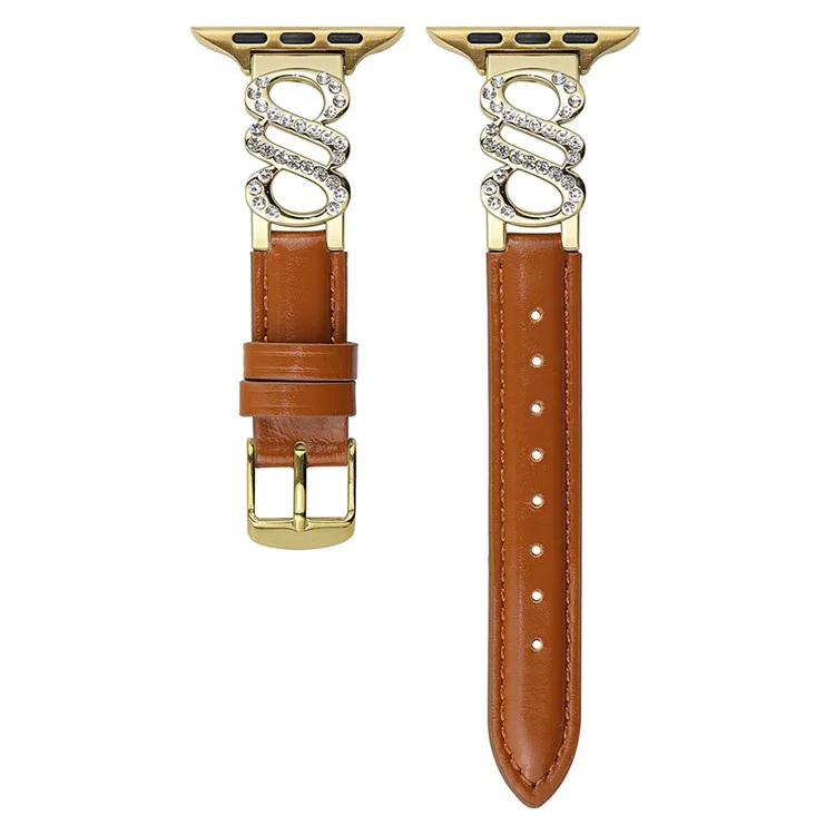 Wrist Strap for Apple Watch Series 10 Ultra 9 8 7 SE 6 5 4 3 2 1 46mm 49mm 45mm 44mm 42mm S-Shape Leather Band Rhinestone Decor - Brown / Gold Buckle