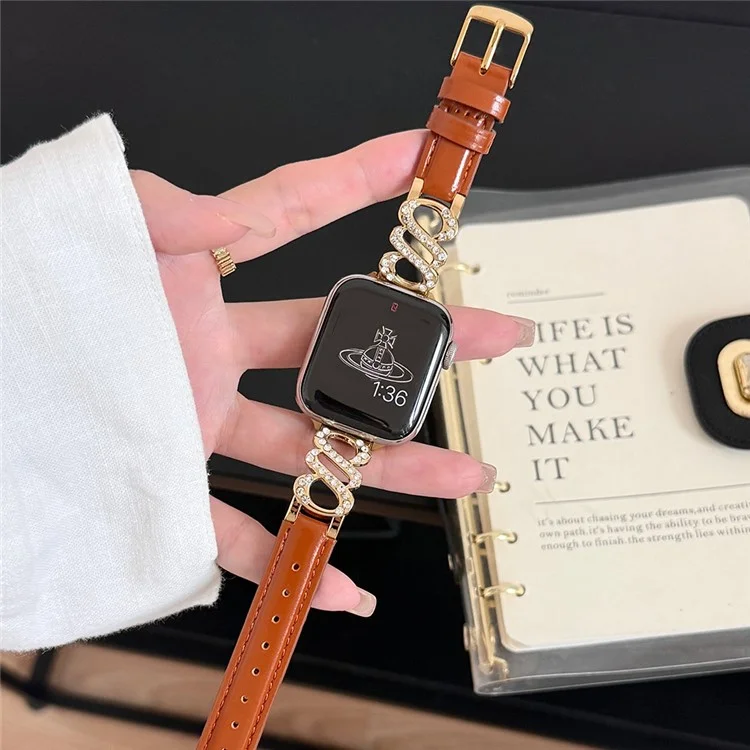 Wrist Strap for Apple Watch Series 10 Ultra 9 8 7 SE 6 5 4 3 2 1 46mm 49mm 45mm 44mm 42mm S-Shape Leather Band Rhinestone Decor - Brown / Gold Buckle
