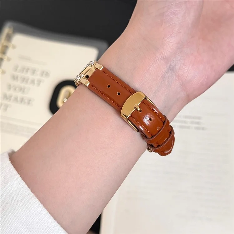 Wrist Strap for Apple Watch Series 10 Ultra 9 8 7 SE 6 5 4 3 2 1 46mm 49mm 45mm 44mm 42mm S-Shape Leather Band Rhinestone Decor - Brown / Gold Buckle