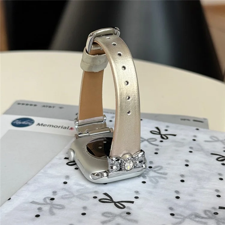 Armband für Apple Watch Series 10 Ultra 9 8 7 SE 6 5 4 3 2 1 46mm 49mm 45mm 44mm 42mm Lederband mit Schmetterlingsverschluss - Silber