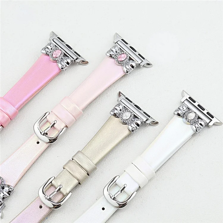 Armband für Apple Watch Series 10 Ultra 9 8 7 SE 6 5 4 3 2 1 46mm 49mm 45mm 44mm 42mm Lederband mit Schmetterlingsverschluss - Silber