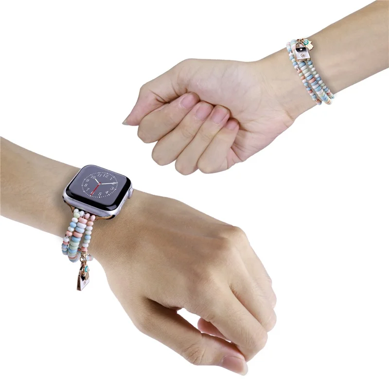 Watch Strap for Apple Watch Series 11 10 42mm / 9 8 7 41mm / SE3 SE2 SE 6 5 4 40mm / 3 2 1 38mm 3-Row Beads Bracelet Wrist Band - Pink