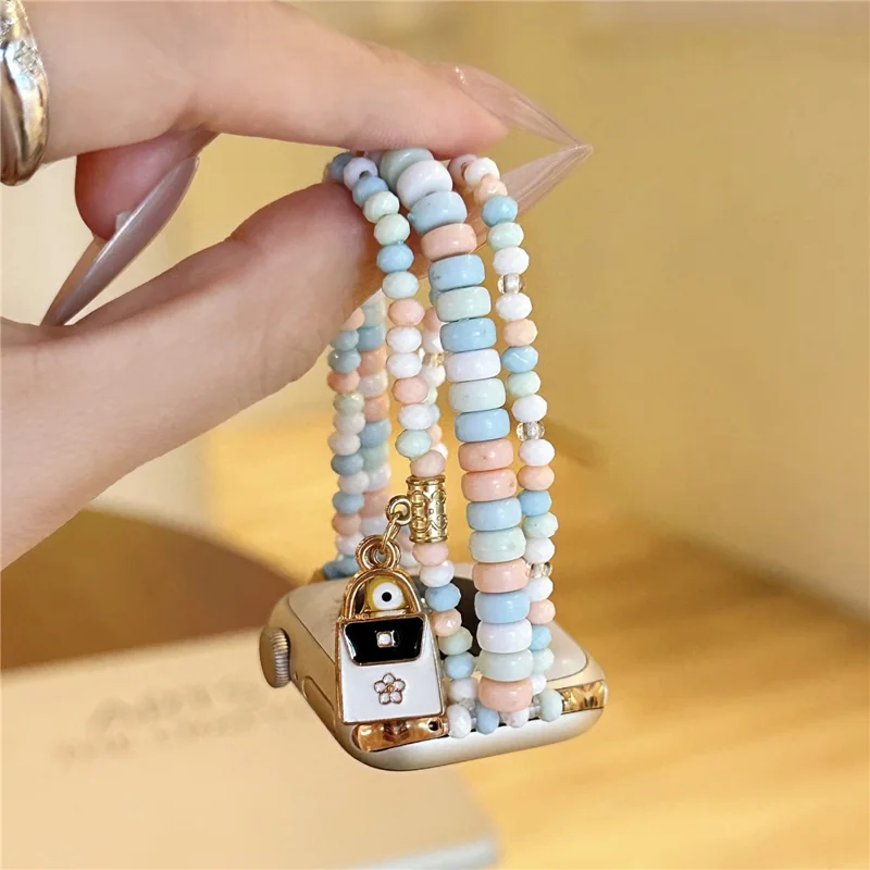 Watch Strap for Apple Watch Series 11 10 42mm / 9 8 7 41mm / SE3 SE2 SE 6 5 4 40mm / 3 2 1 38mm 3-Row Beads Bracelet Wrist Band - Pink