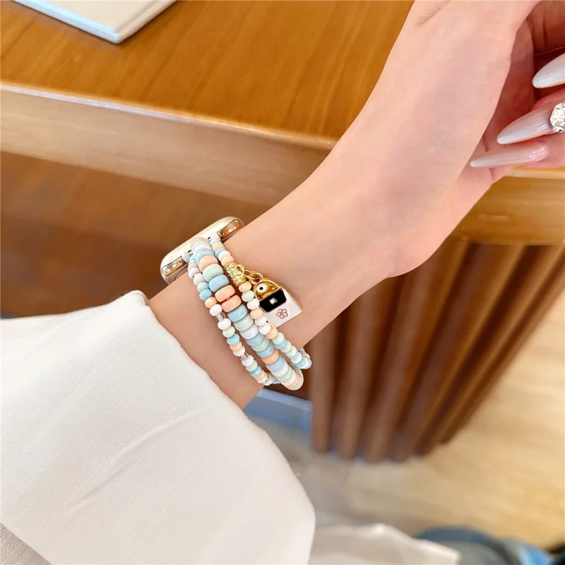 Watch Strap for Apple Watch Series 11 10 42mm / 9 8 7 41mm / SE3 SE2 SE 6 5 4 40mm / 3 2 1 38mm 3-Row Beads Bracelet Wrist Band - Pink